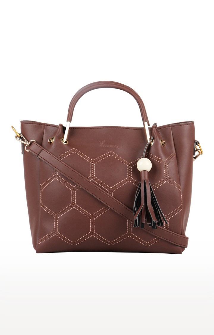 Vivinkaa | Vivinkaa Coffee Brown Round Handle Faux Leather Embroidery Sling Bag
