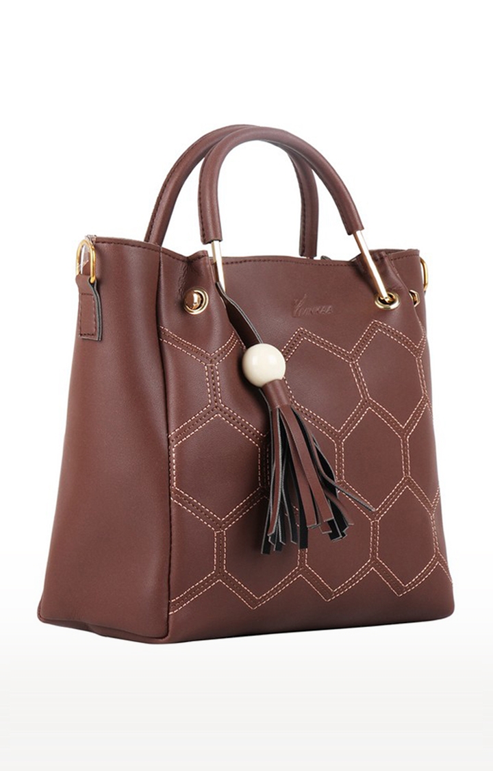 Vivinkaa Coffee Brown Round Handle Faux Leather Embroidery Sling Bag
