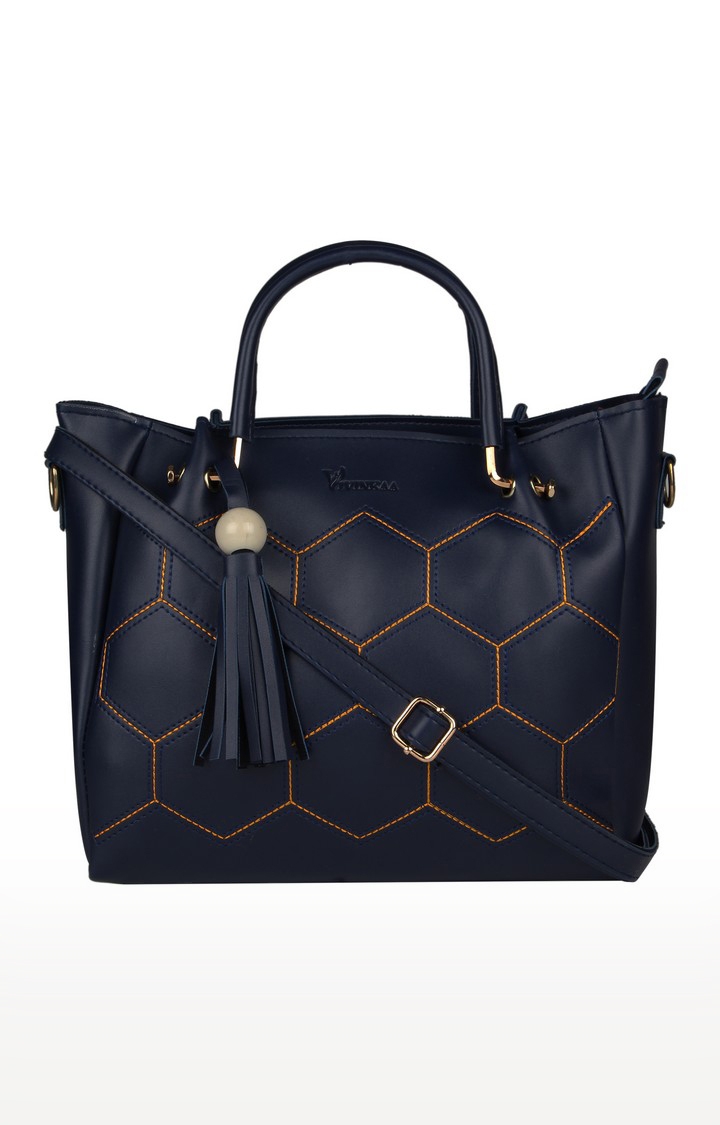 Vivinkaa Navy Blue Fancy Round Handle Faux Leather Embroidery Sling Bag