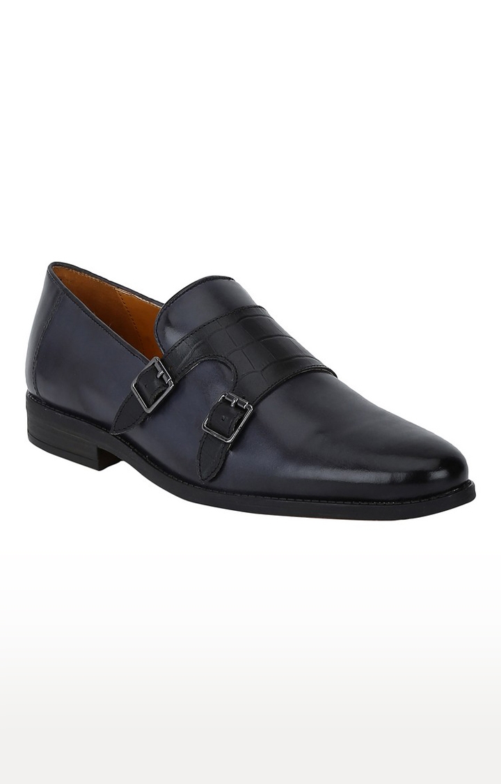 Del Mondo Genuine Leather Navy & Black Colour Double Monk Buckle Slipon Loafer Shoe For Mens