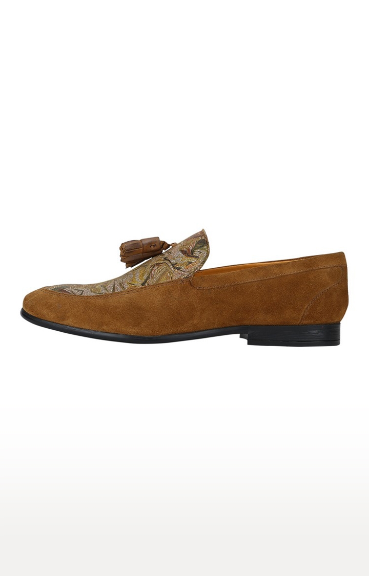 Del Mondo Genuine Leather Tan Colour Flower Printed Tazzle Slipon Loafer Shoe For Mens