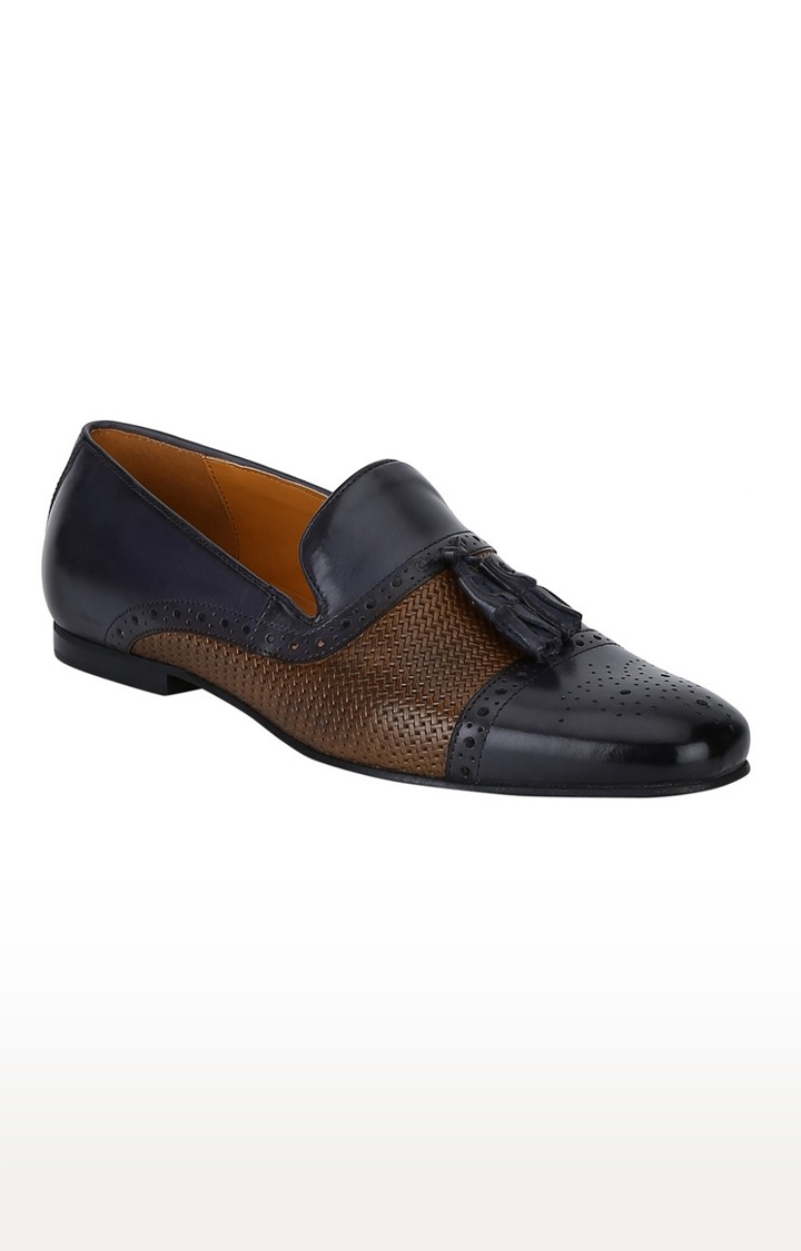 DEL MONDO | Del Mondo Genuine Leather Navy & Brown Colour Tazzle Slipon Brogue Loafer Shoe For Mens