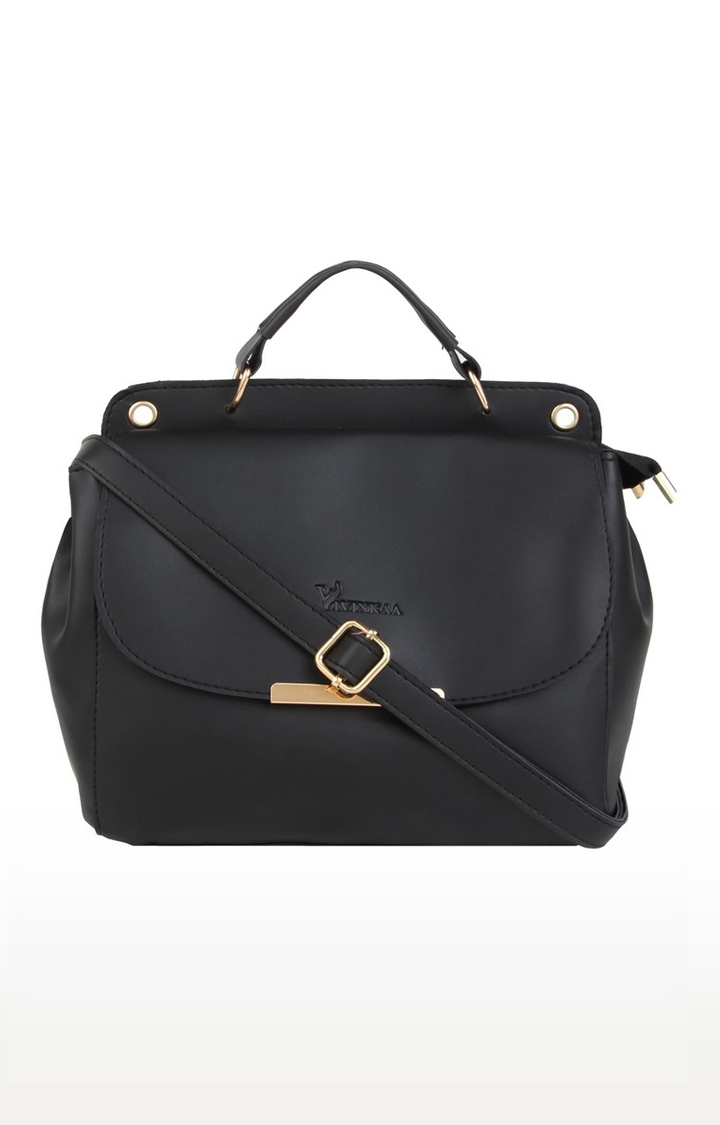 Vivinkaa | Vivinkaa Black Solid Leatherette Flap Compartment Sling Bag