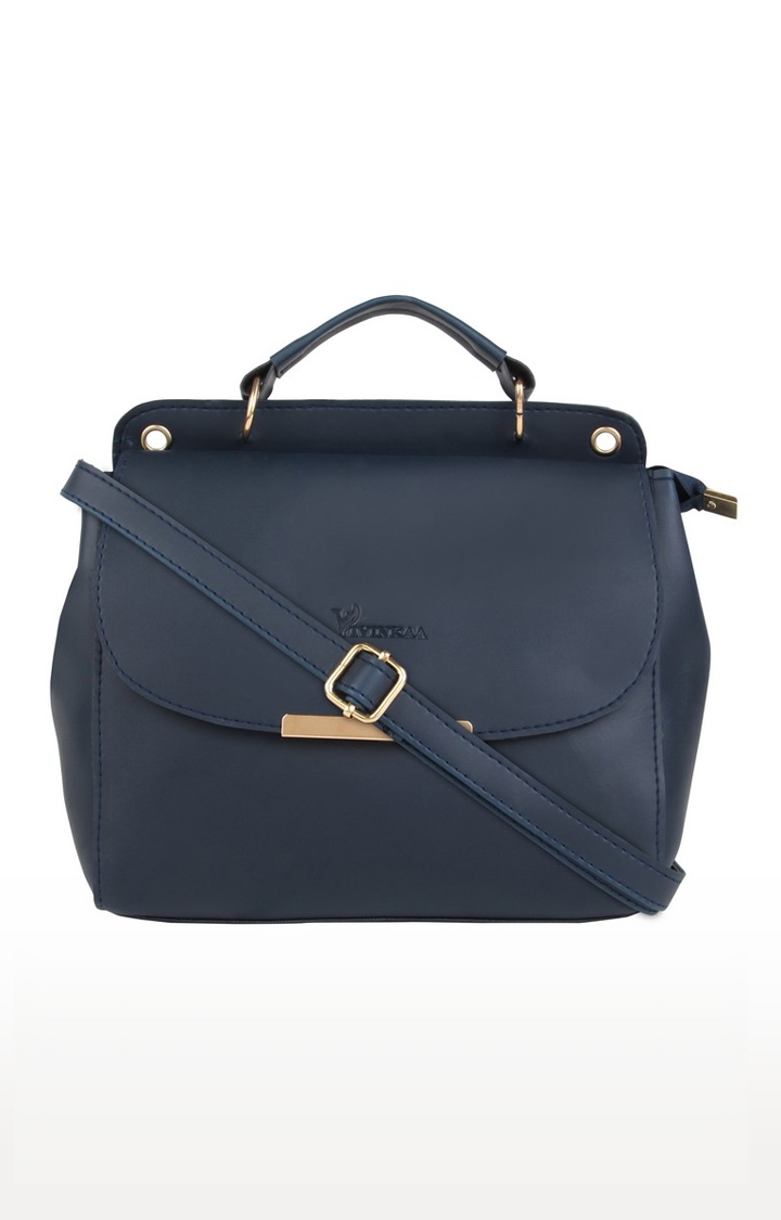 Vivinkaa Navy Blue Solid Leatherette Flap Compartment Sling Bag
