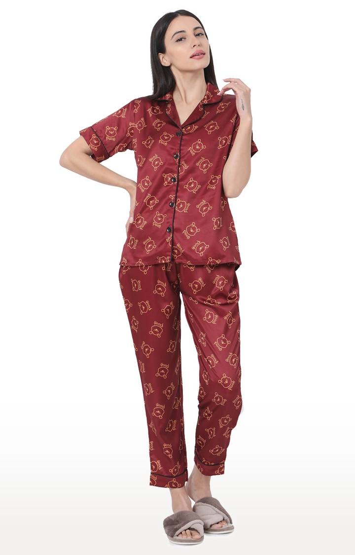 Smarty Pants | Smarty Pants Women's Silk Satin Maroon Color Pooh Print Night Suit