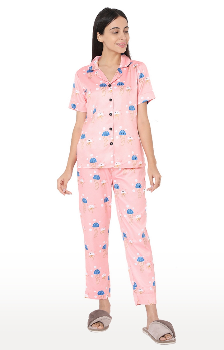 Smarty Pants | Smarty Pants Women's Silk Satin Pastel Pink Color Jelly Fish Print Night Suit.