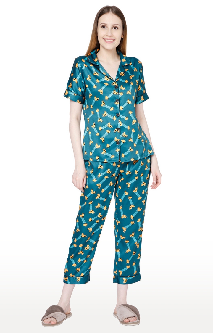 Smarty Pants | Smarty Pants Women's Silk Satin Bottle Green Color Giraffe Print Night Suit