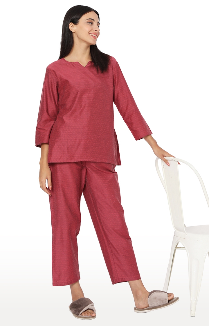 Smarty Pants Women's Cotton Wine Color Self Textured Night Suit