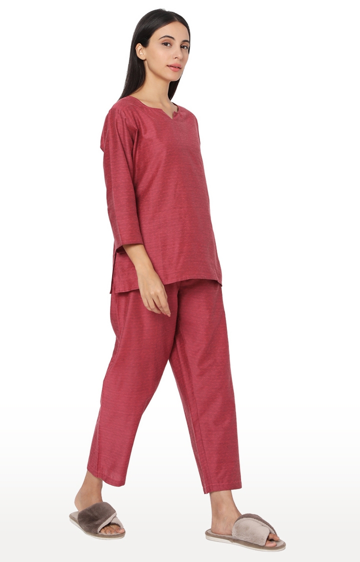 Smarty Pants Women's Cotton Wine Color Self Textured Night Suit