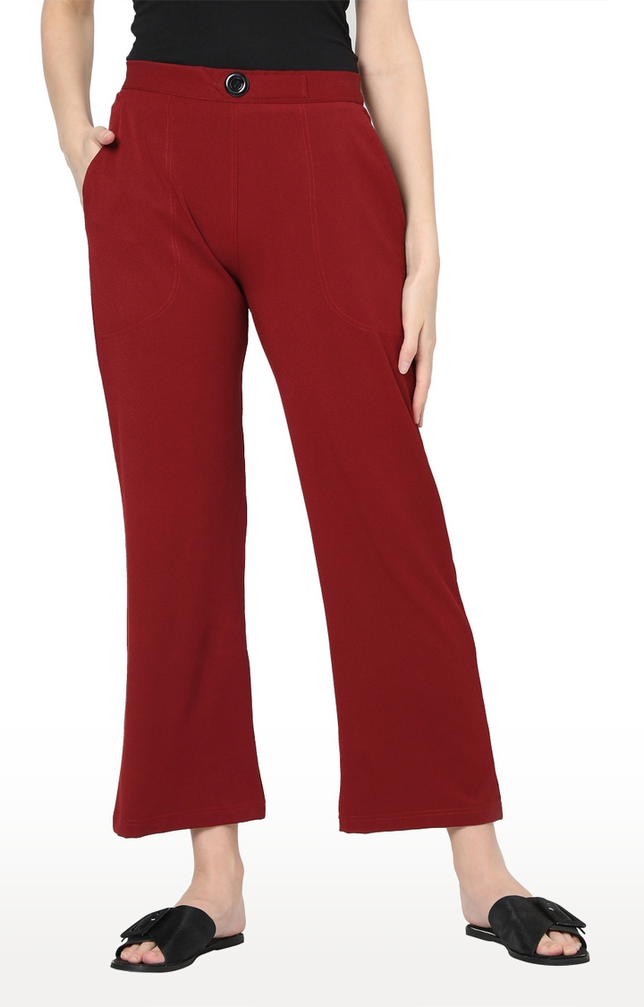 Smarty Pants | Red Solid Flared Formal Trousers