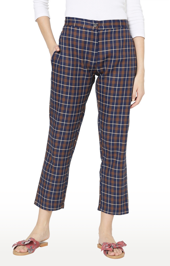 Brown Checked Tapered Formal Trousers