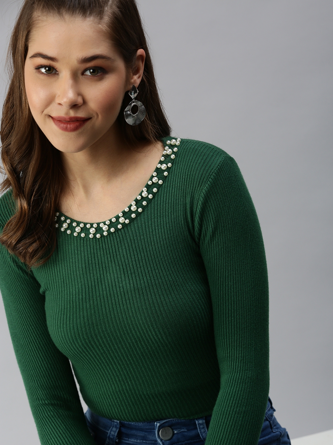 Showoff | SHOWOFF Women's Jewel Neck Embellished Green Regular Top