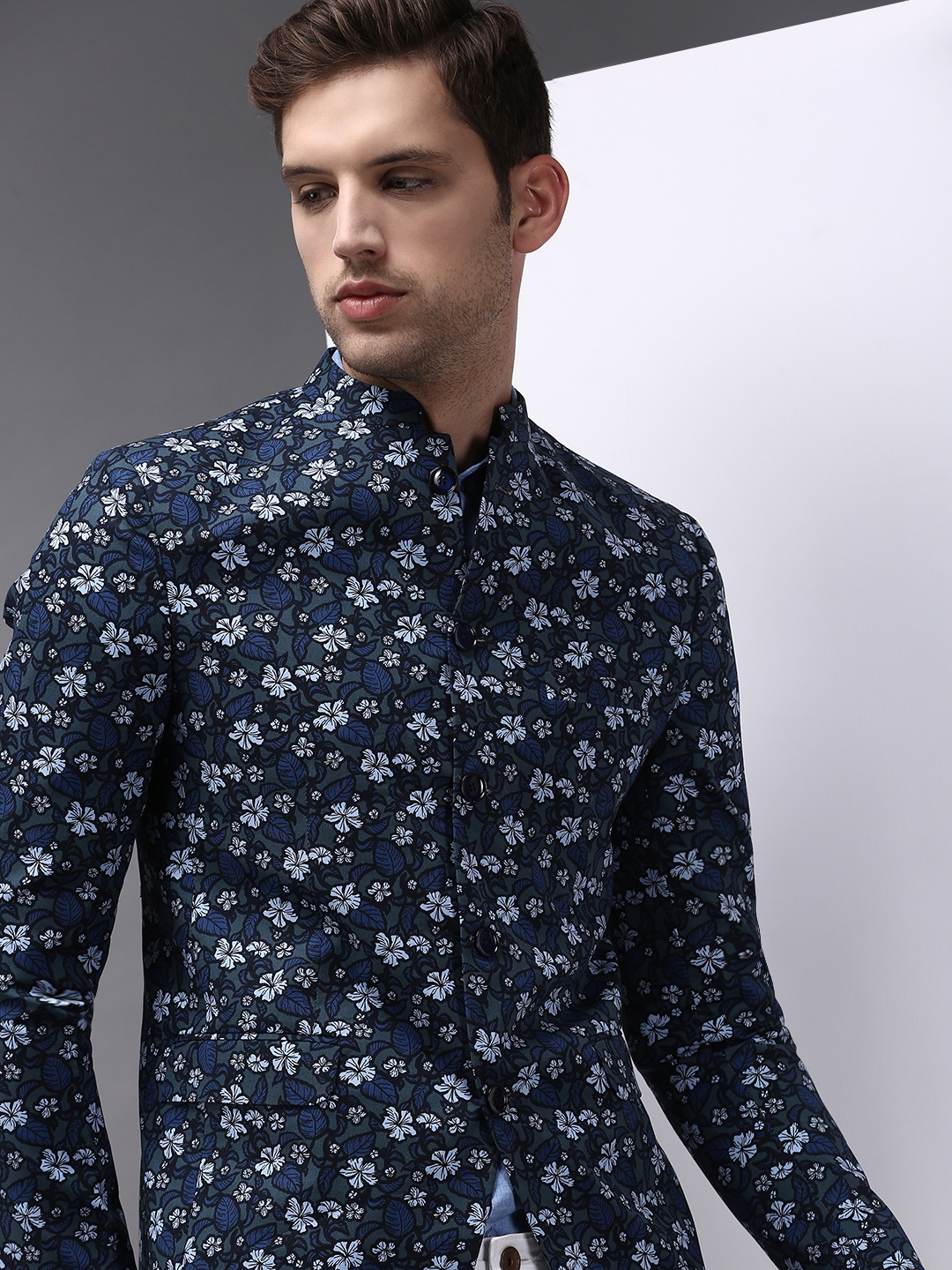 Showoff | SHOWOFF Men's Mandarin Collar Grey Printed Blazer