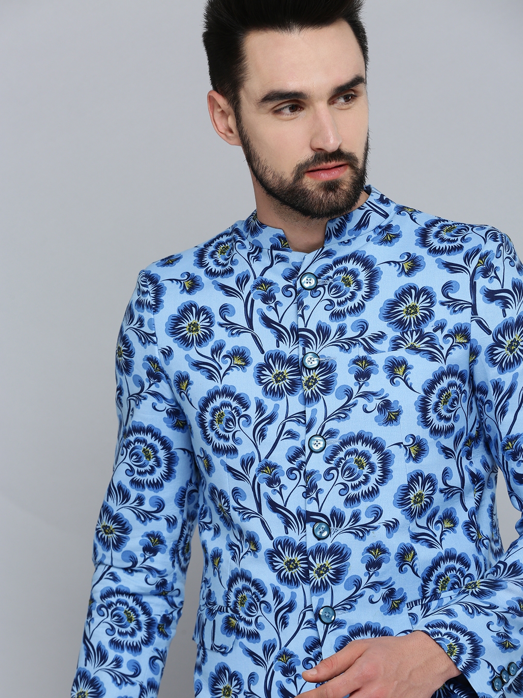 SHOWOFF Men's Mandarin Collar Blue Printed Blazer