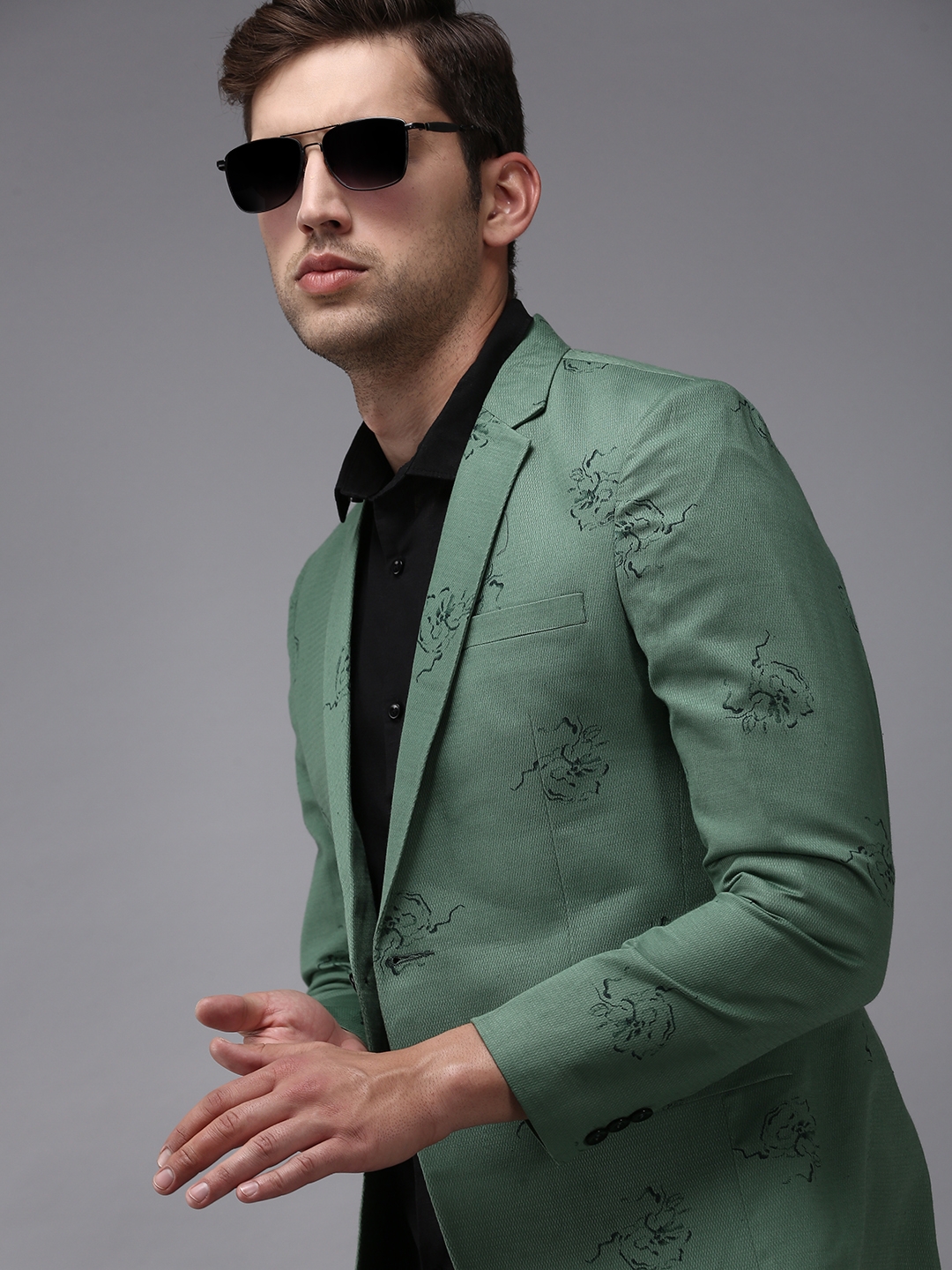 SHOWOFF Men's Mandarin Collar Green Printed Blazer
