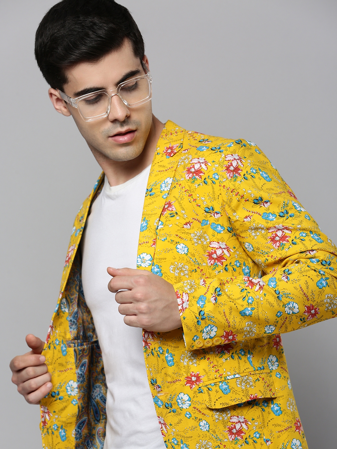 Men's Yellow Cotton Blend Printed Blazers