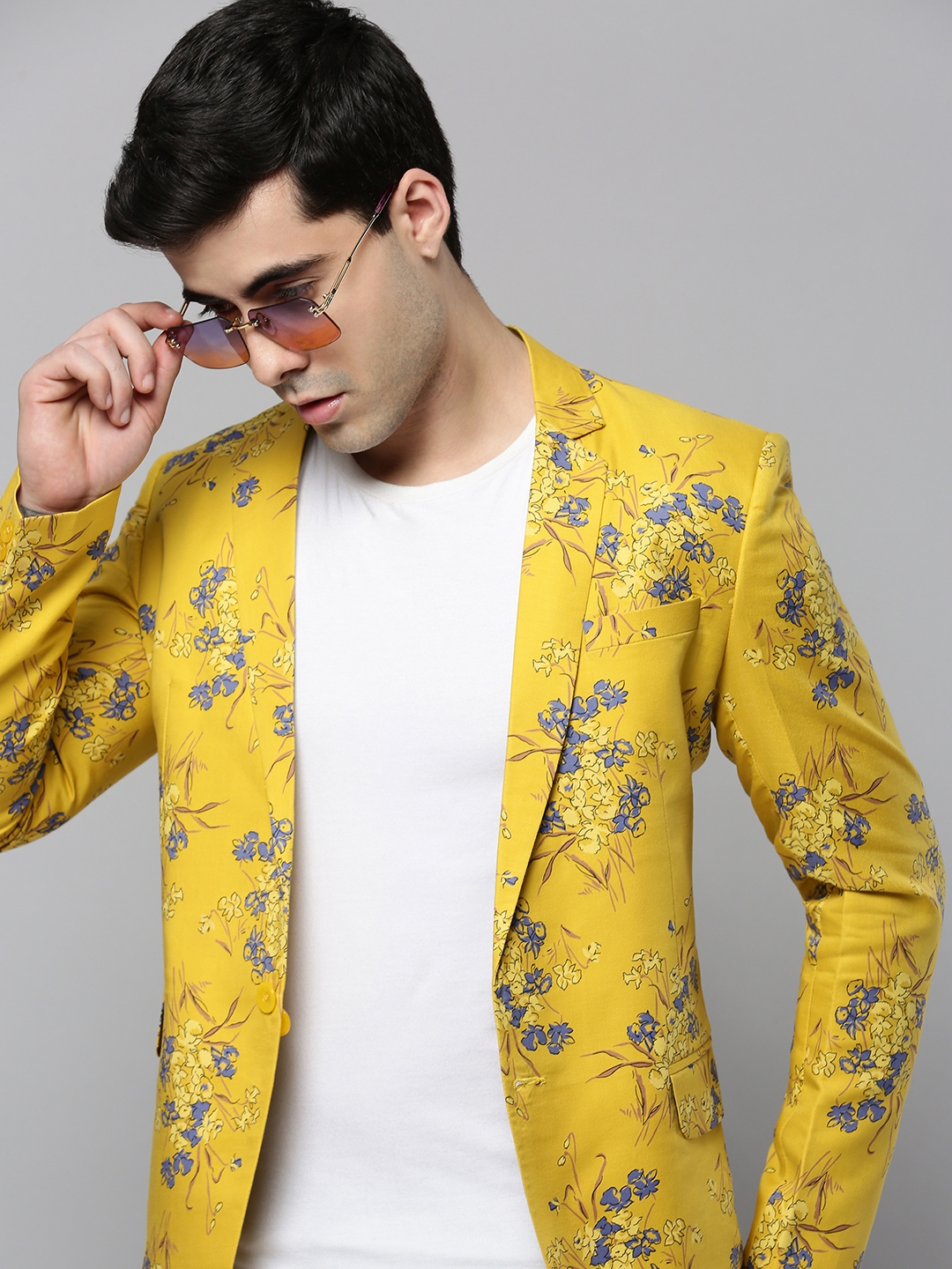 Men's Yellow Cotton Blend Printed Blazers
