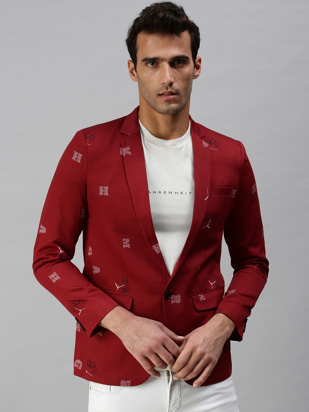 Showoff | Showoff Men's Cotton Blend Red Printed Blazers