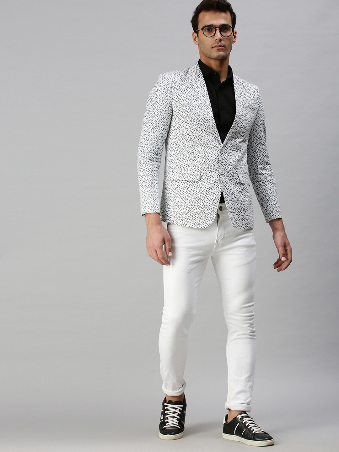 Men's White Cotton Blend Printed Blazers