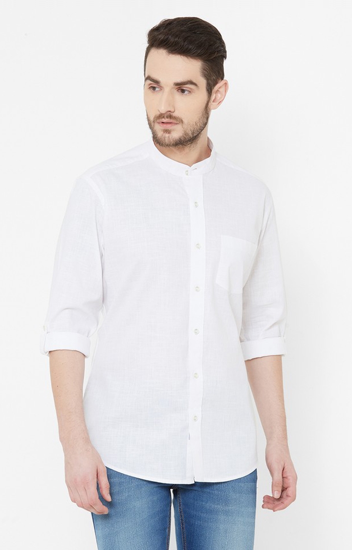 EVOQ White Full Sleeves Mandarin Collar Cotton-Linen Shirt for Men