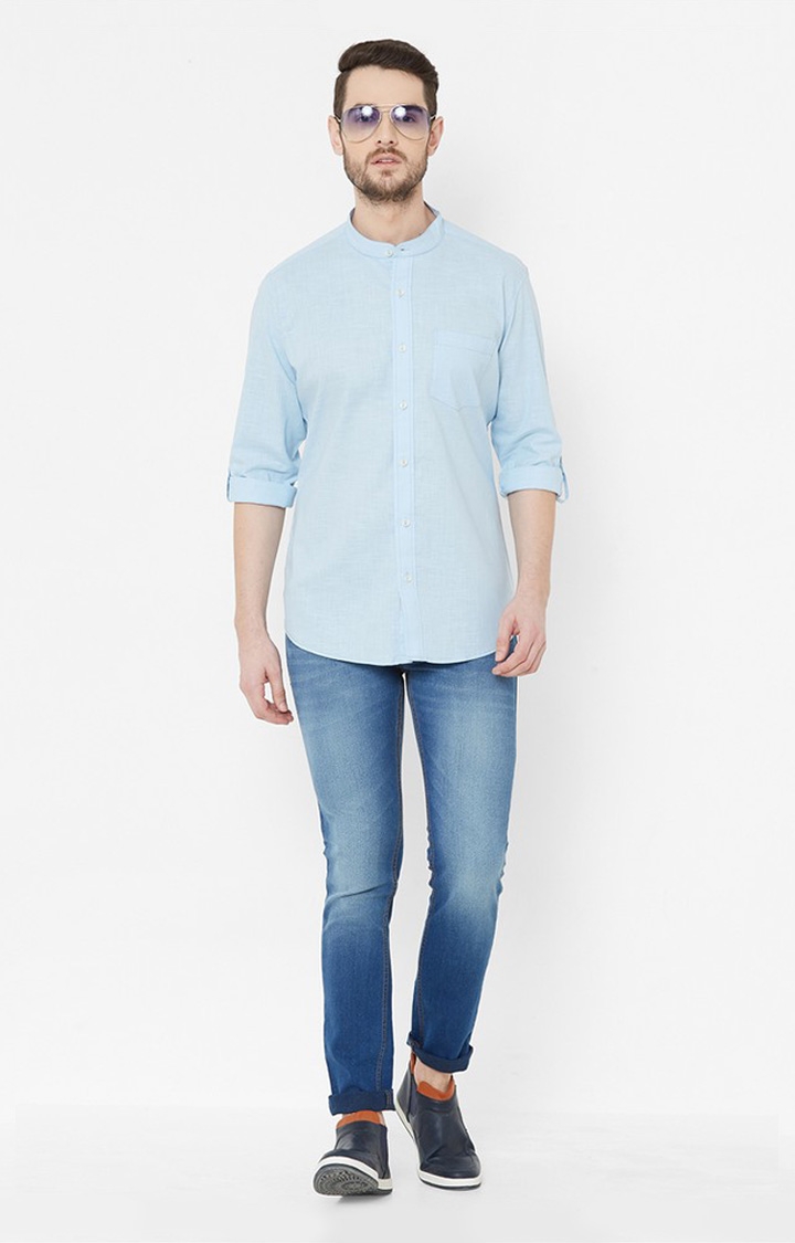 EVOQ Sky Blue Full Sleeves Mandarin Collar Cotton-Linen Shirt for Men