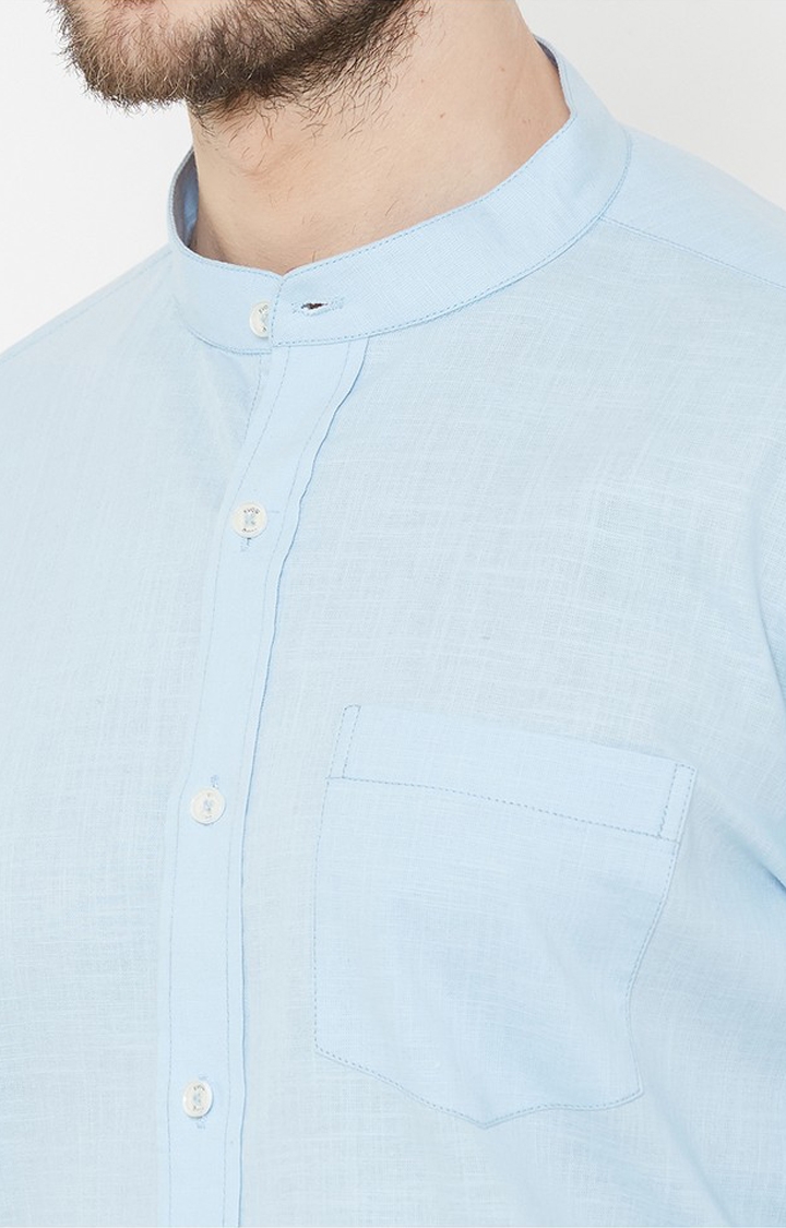 EVOQ Sky Blue Full Sleeves Mandarin Collar Cotton-Linen Shirt for Men