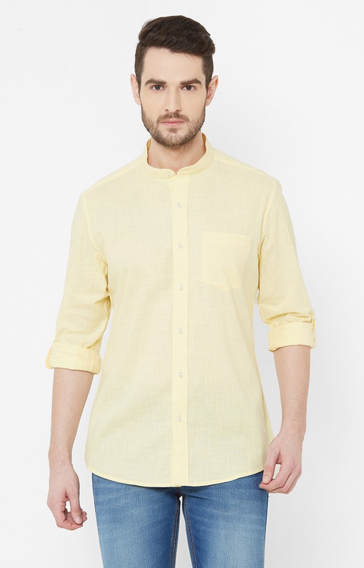 EVOQ Yellow Full Sleeves Mandarin Collar Cotton-Linen Shirt for Men