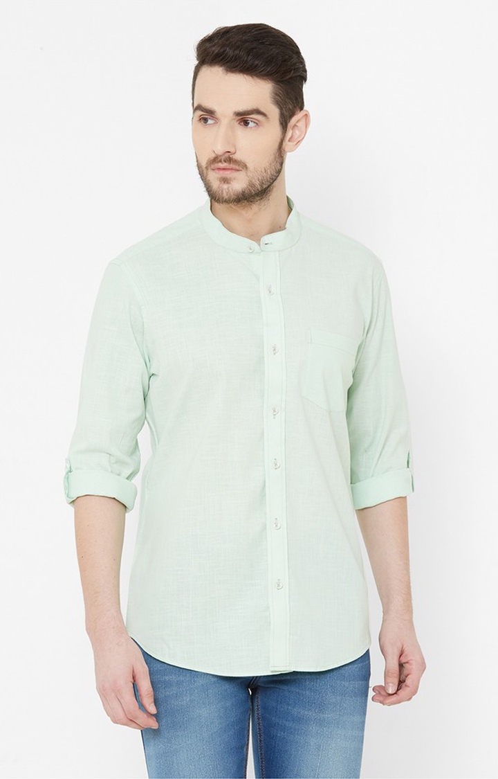 EVOQ Mint Green Full Sleeves Mandarin Collar Cotton-Linen Shirt for Men