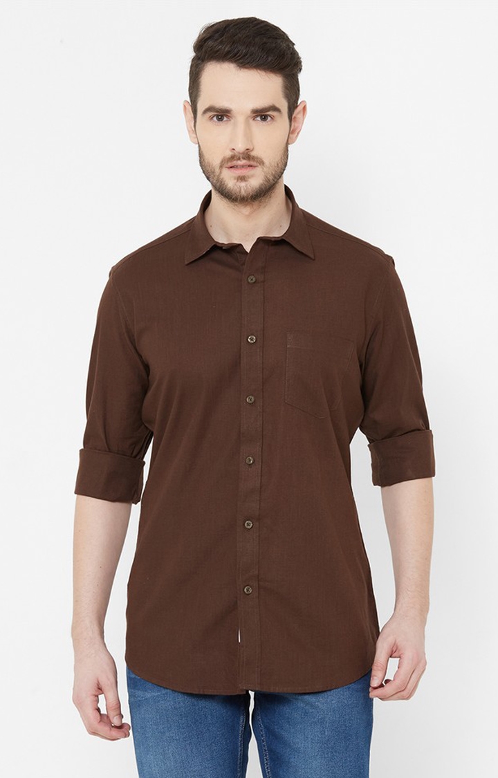 EVOQ | EVOQ Brown Cotton-Linen Full Sleeves Shirt for Men