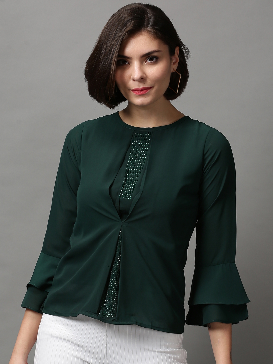 Women's Green Polyester Solid Tops