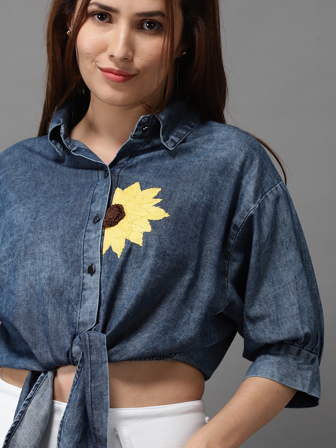 Women's Blue Cotton Blend Embroidered Tops