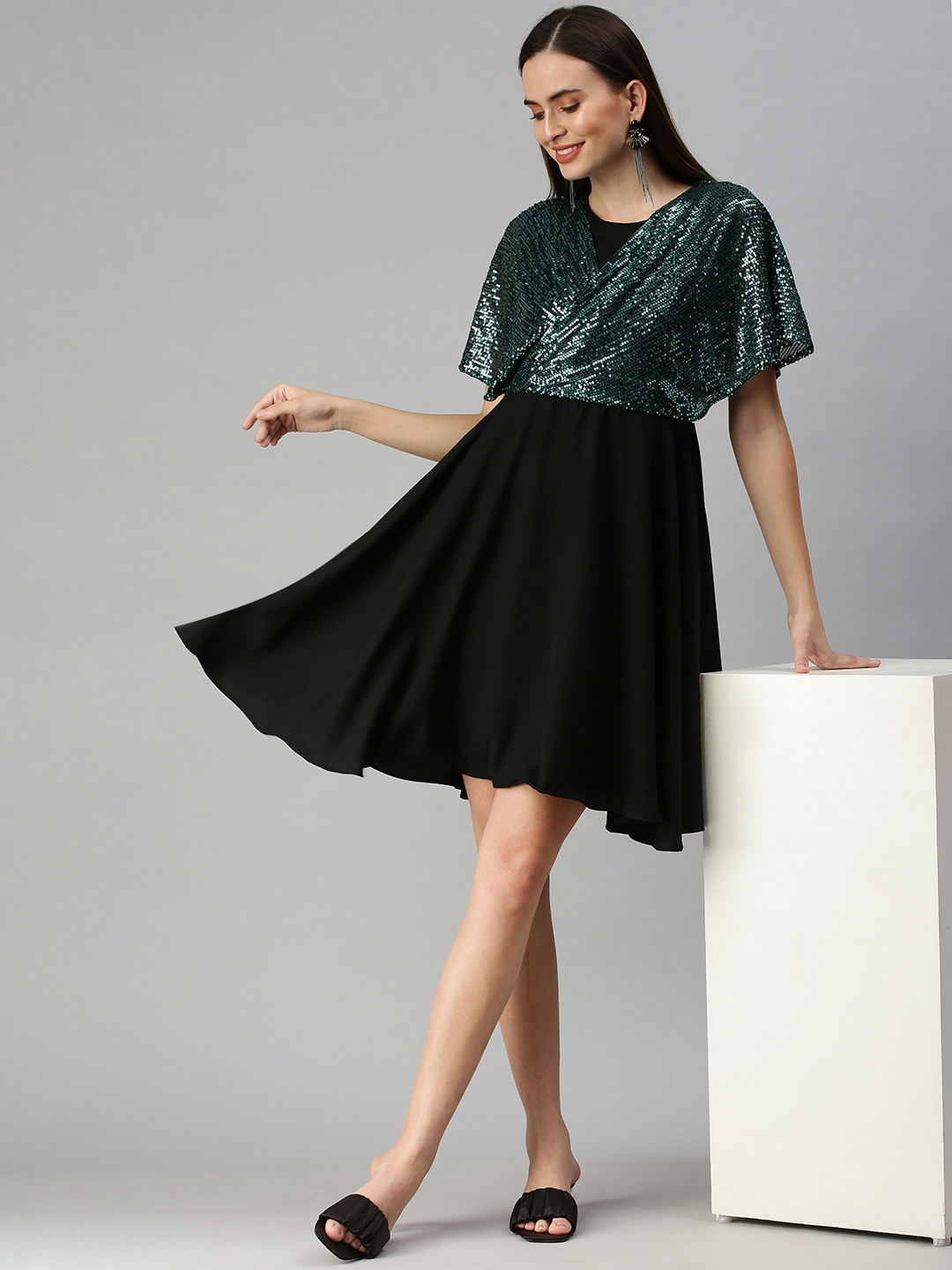 Women's Black Polyester Embellished Dresses