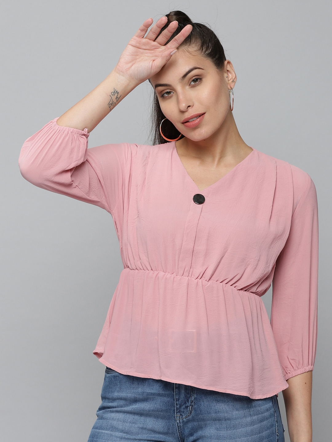 Women's Pink Polyester Solid Tops