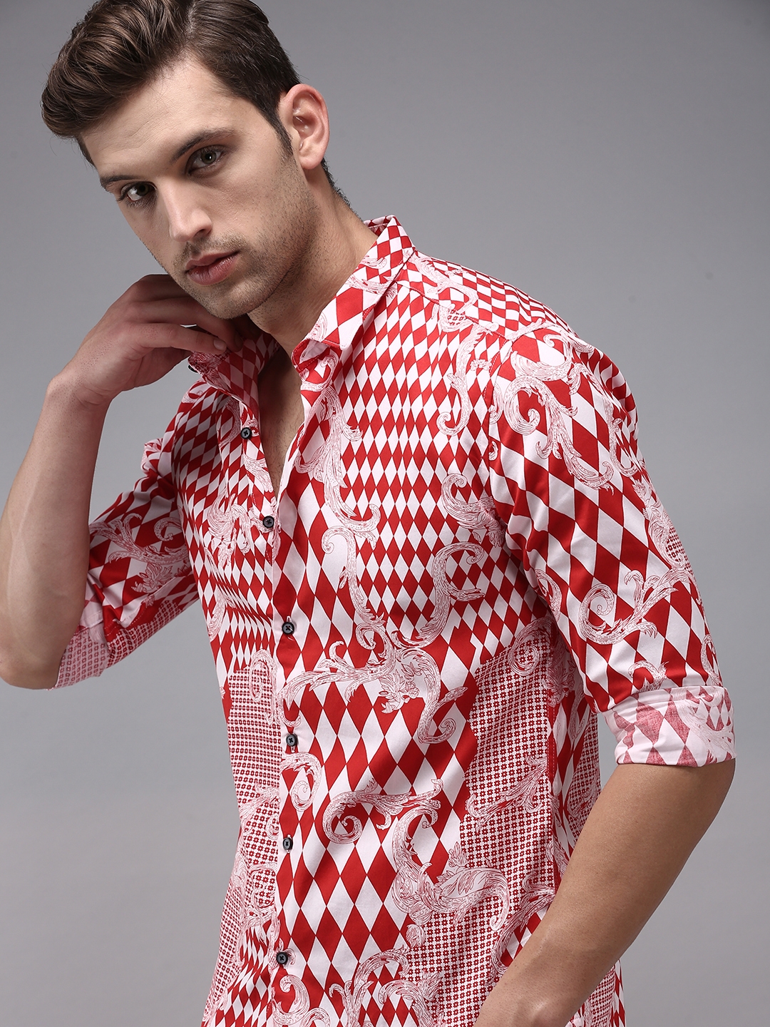 Showoff | SHOWOFF Men's Red Spread Collar Abstract Print Comfort Fit Shirt