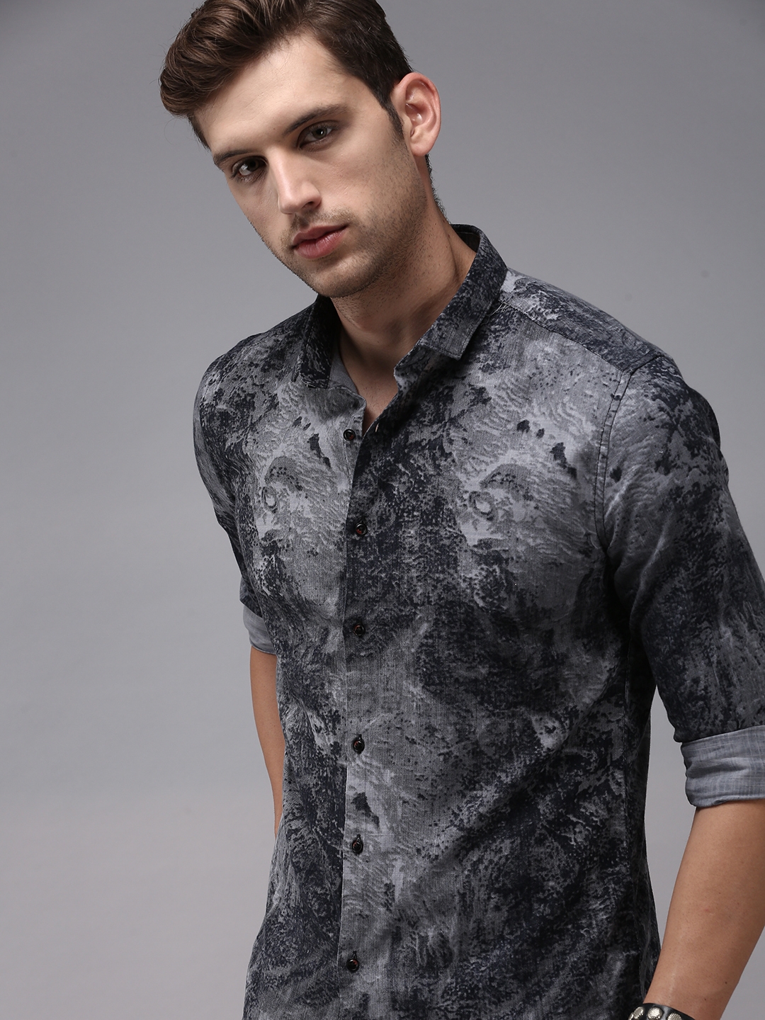 Showoff | SHOWOFF Men's Grey Spread Collar Abstract Print Comfort Fit Shirt