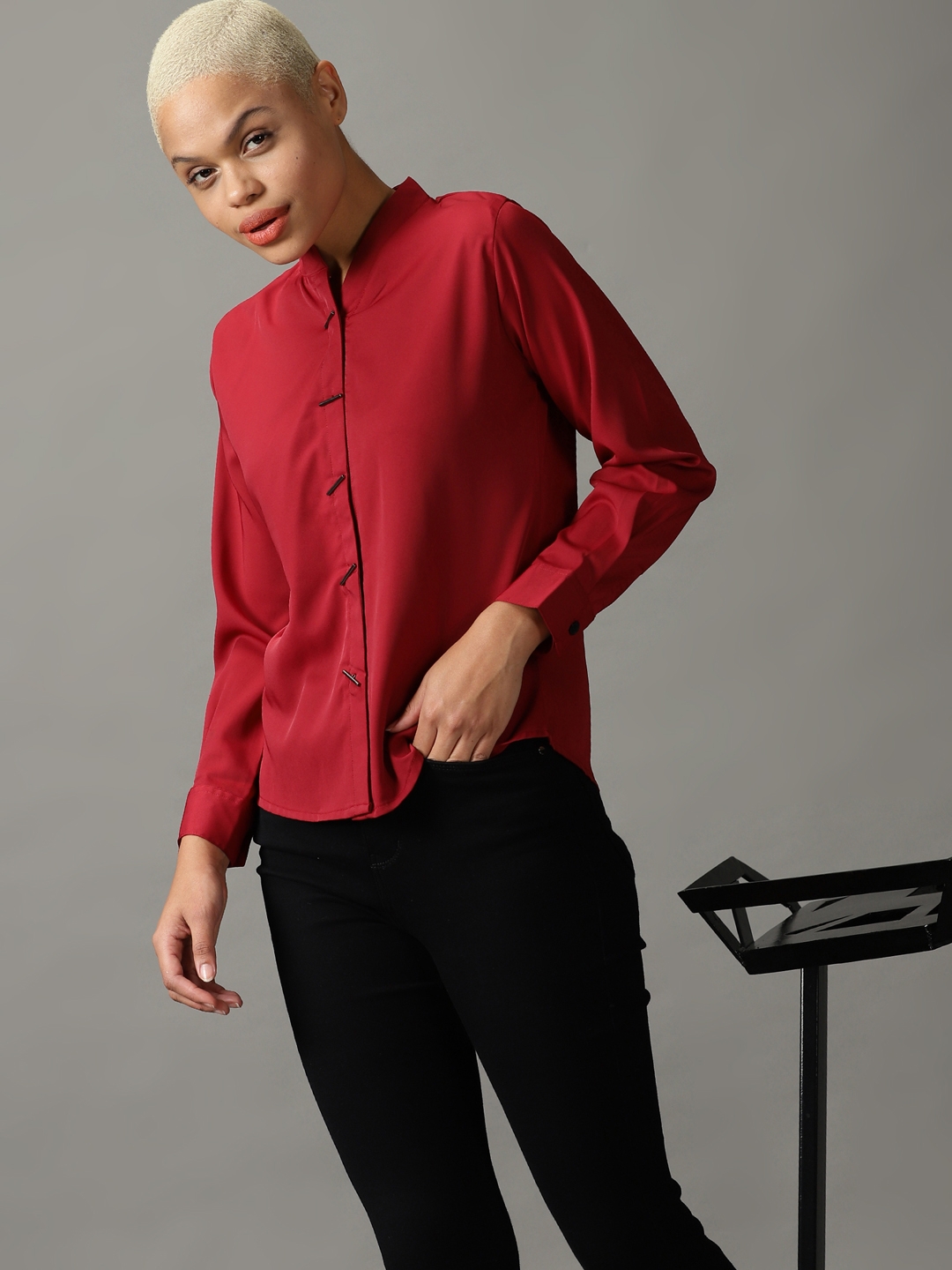 Women's Red Polyester Solid Casual Shirts
