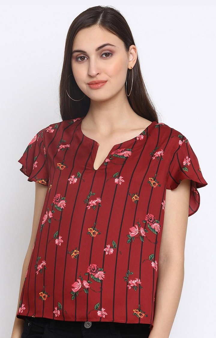 SQew | Sqew Women Polyester Maroon Floral Top