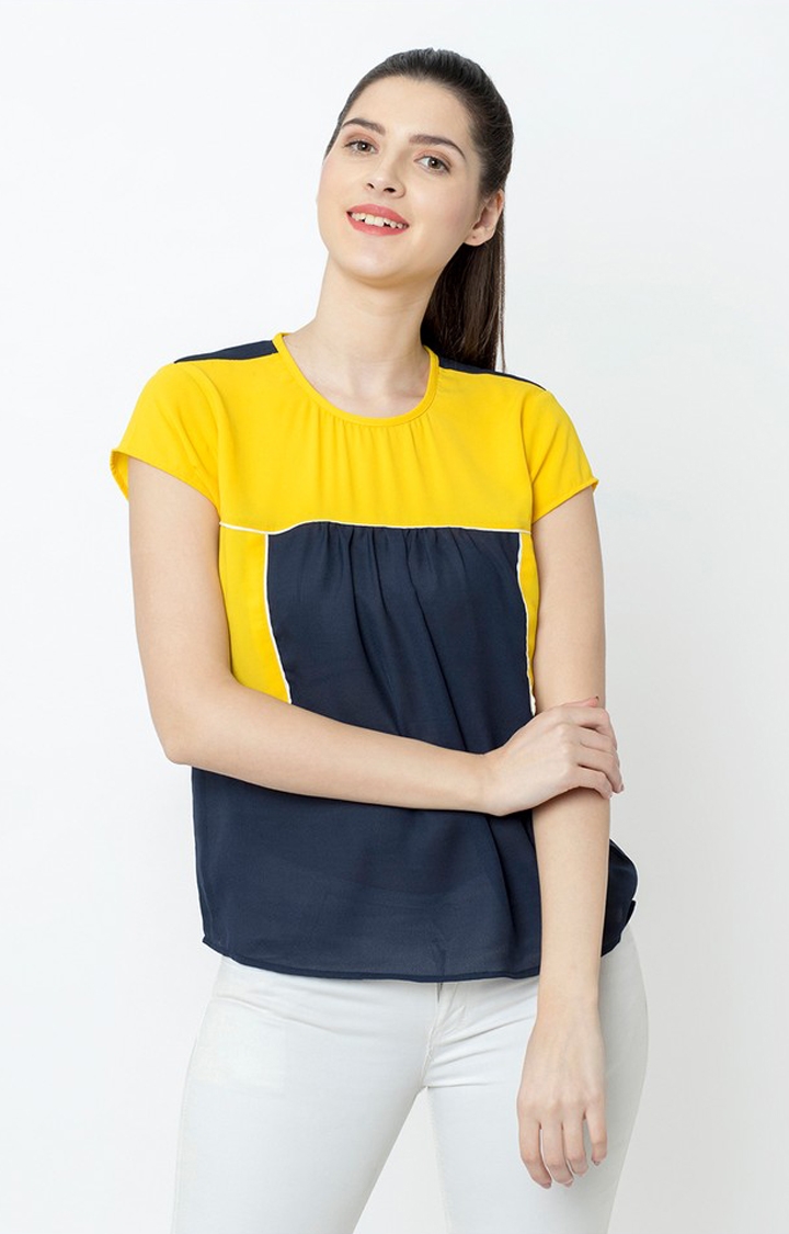SQew | Sqew Women Polyester Yellow and Blue Solid Top