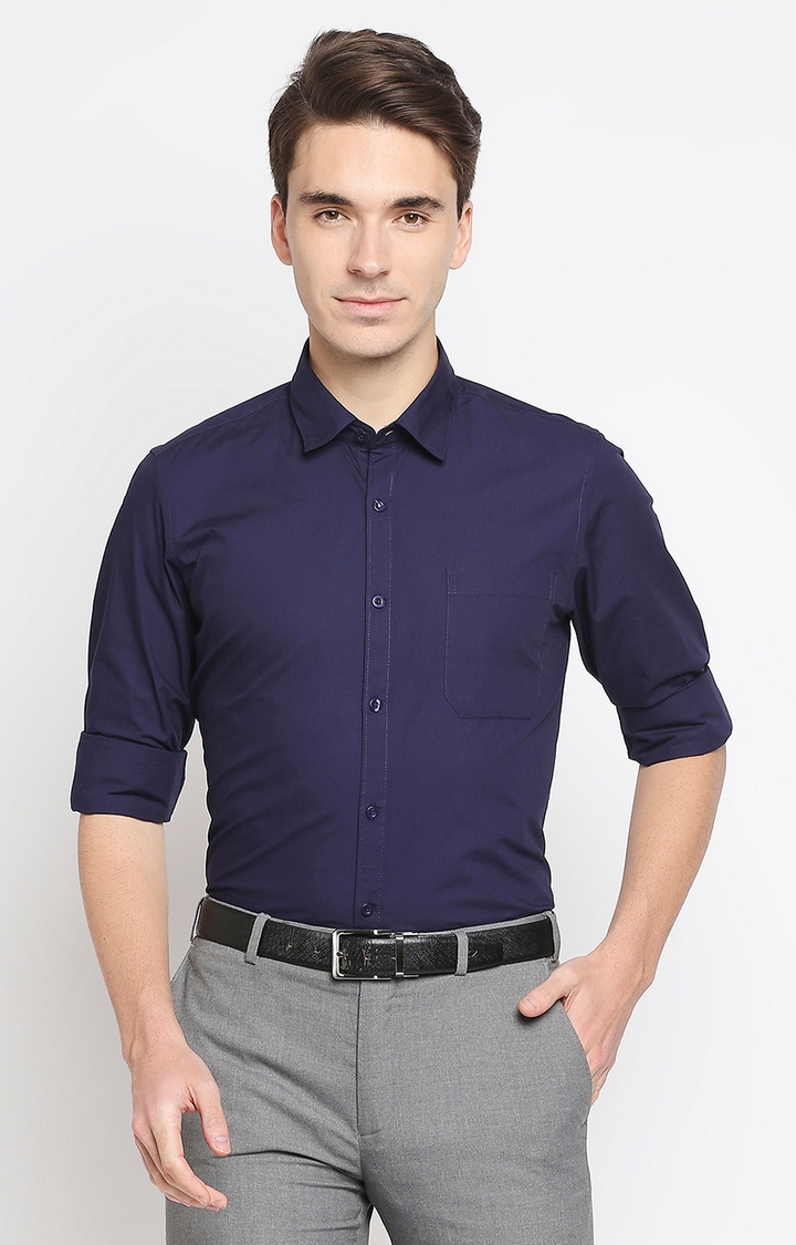 Men's Blue Cotton Solid Formal Shirts