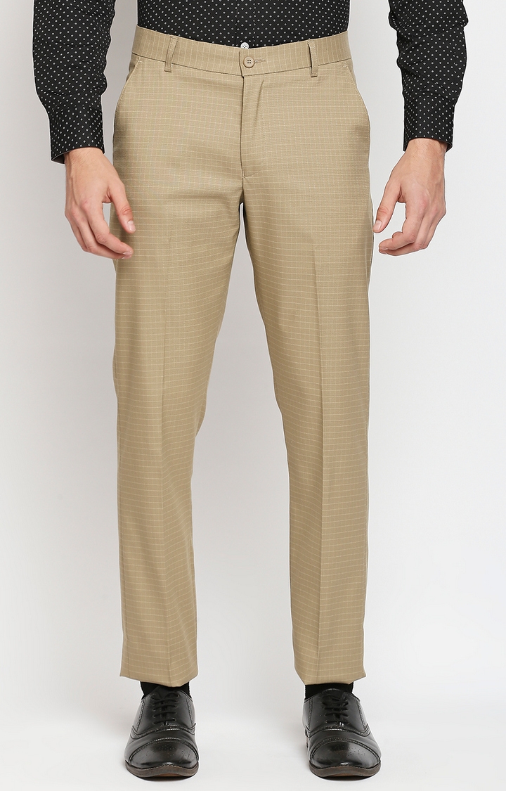 Men's Beige Polyester Checked Formal Trousers