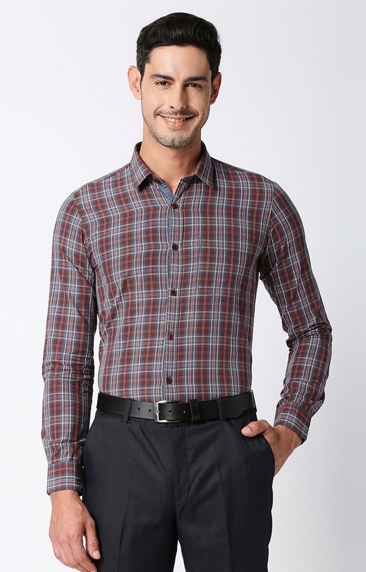 Men's Brown Cotton Checked Formal Shirts