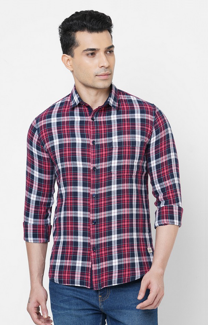 Men's Navy Cotton Checked Casual Shirts