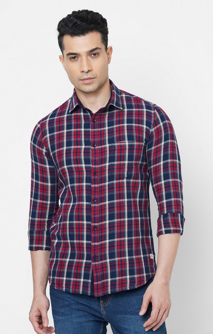 Men's Navy Cotton Checked Casual Shirts