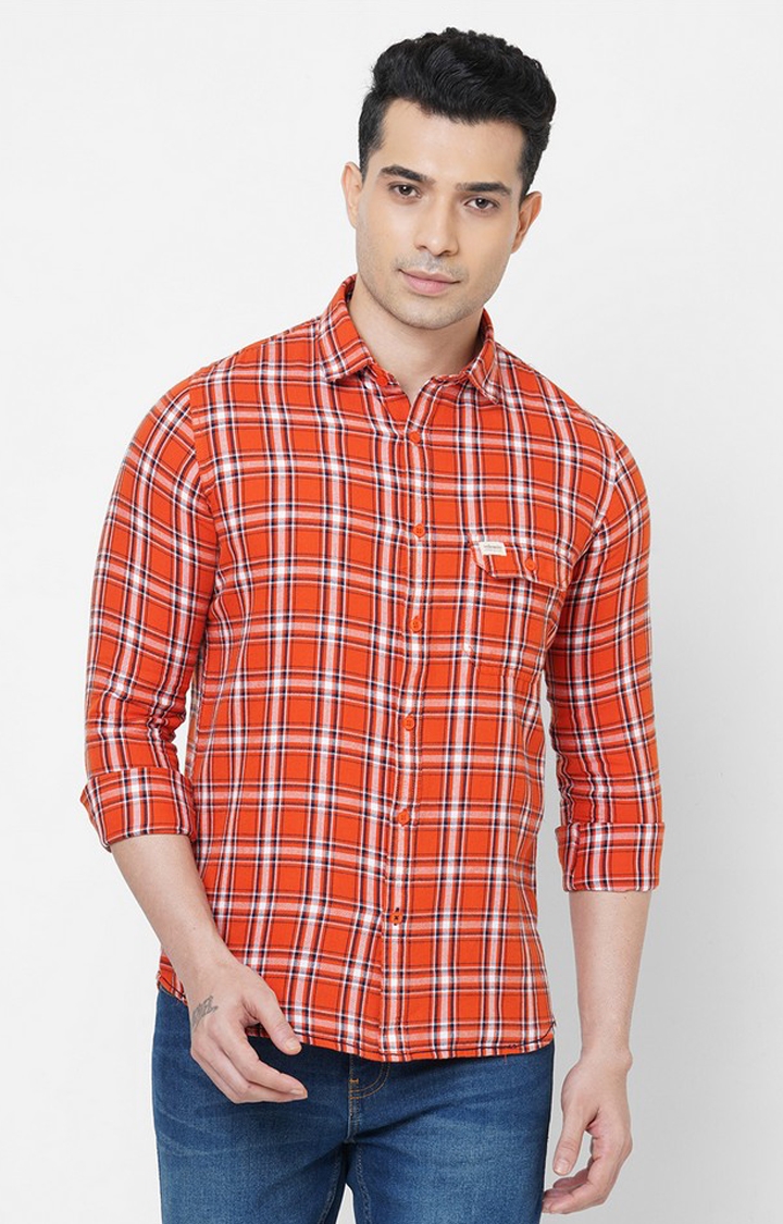 Men's Rust Cotton Checked Casual Shirts