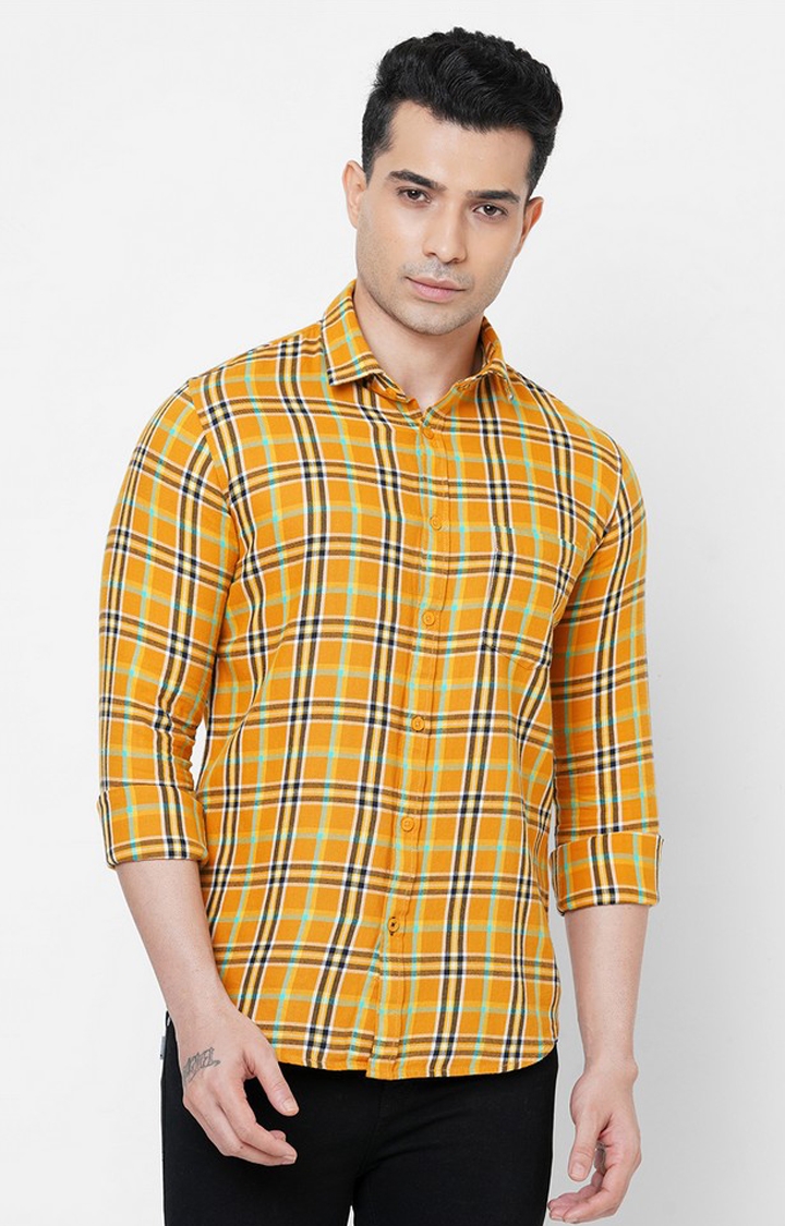 Men's Mustard Cotton Checked Casual Shirts