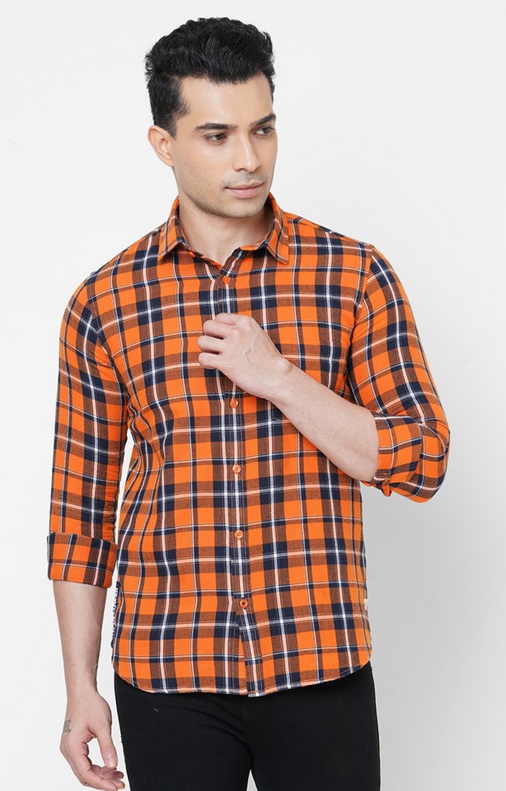 Men's Orange Cotton Checked Casual Shirts