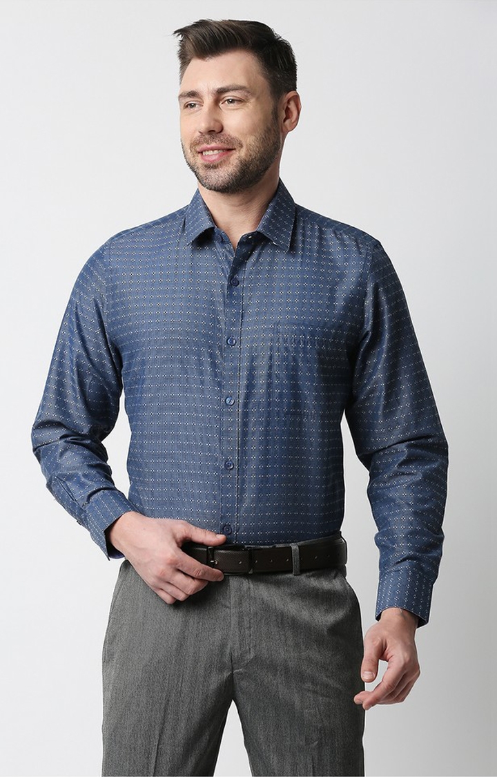 Men's Blue Cotton Geometrical Formal Shirts