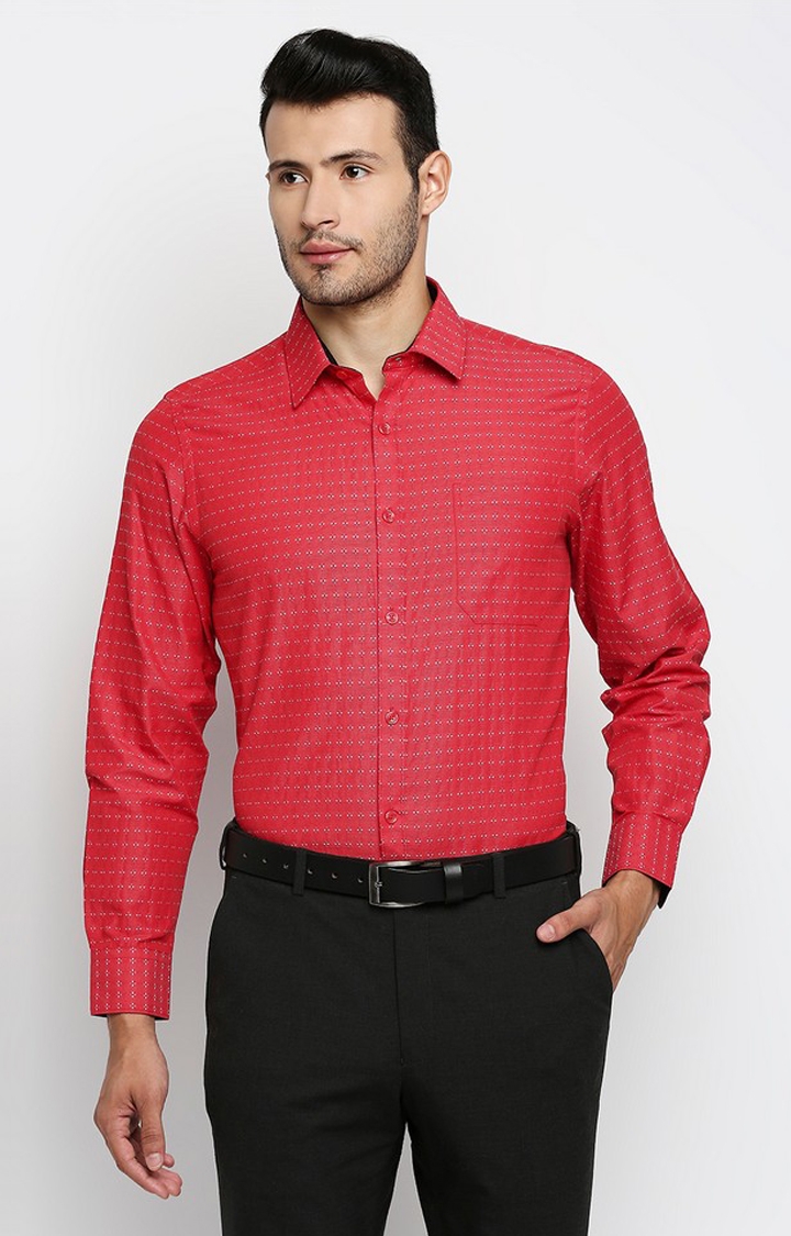 Men's Red Cotton Geometrical Formal Shirts