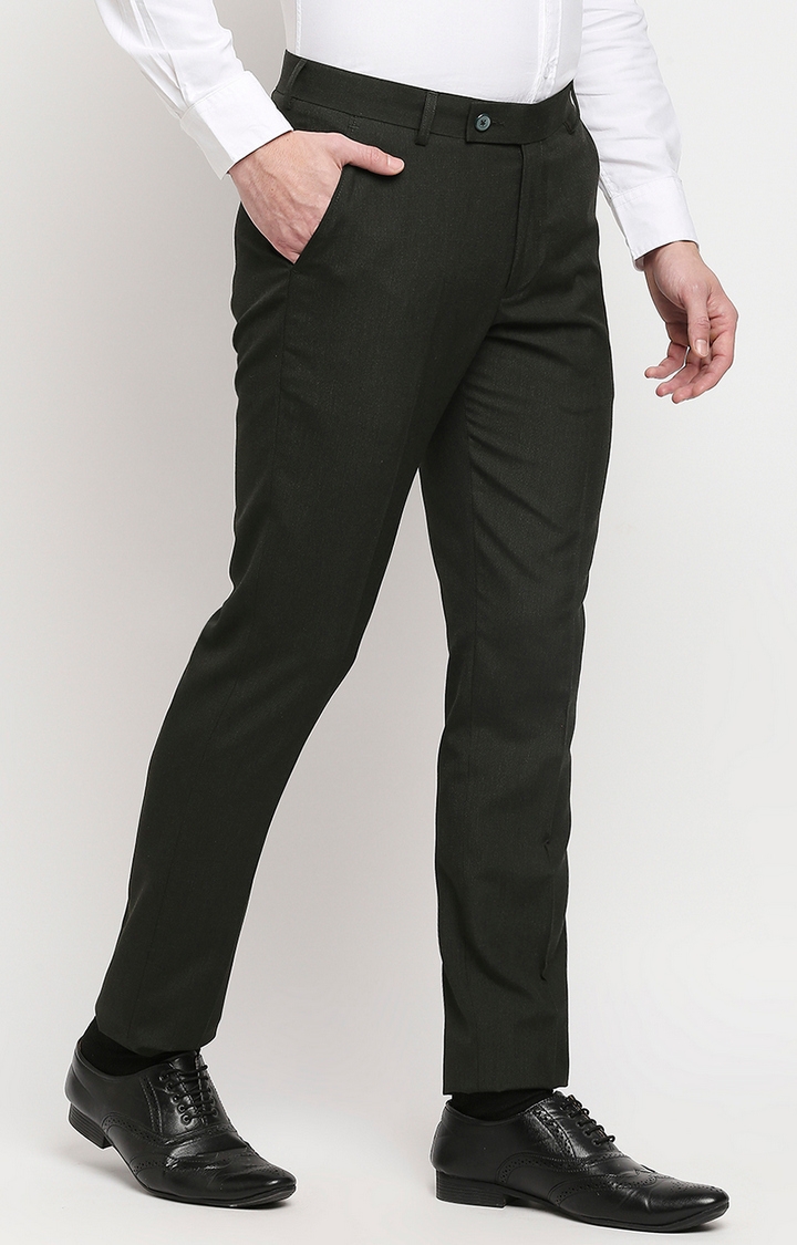 Men's Black Polyester Solid Formal Trousers