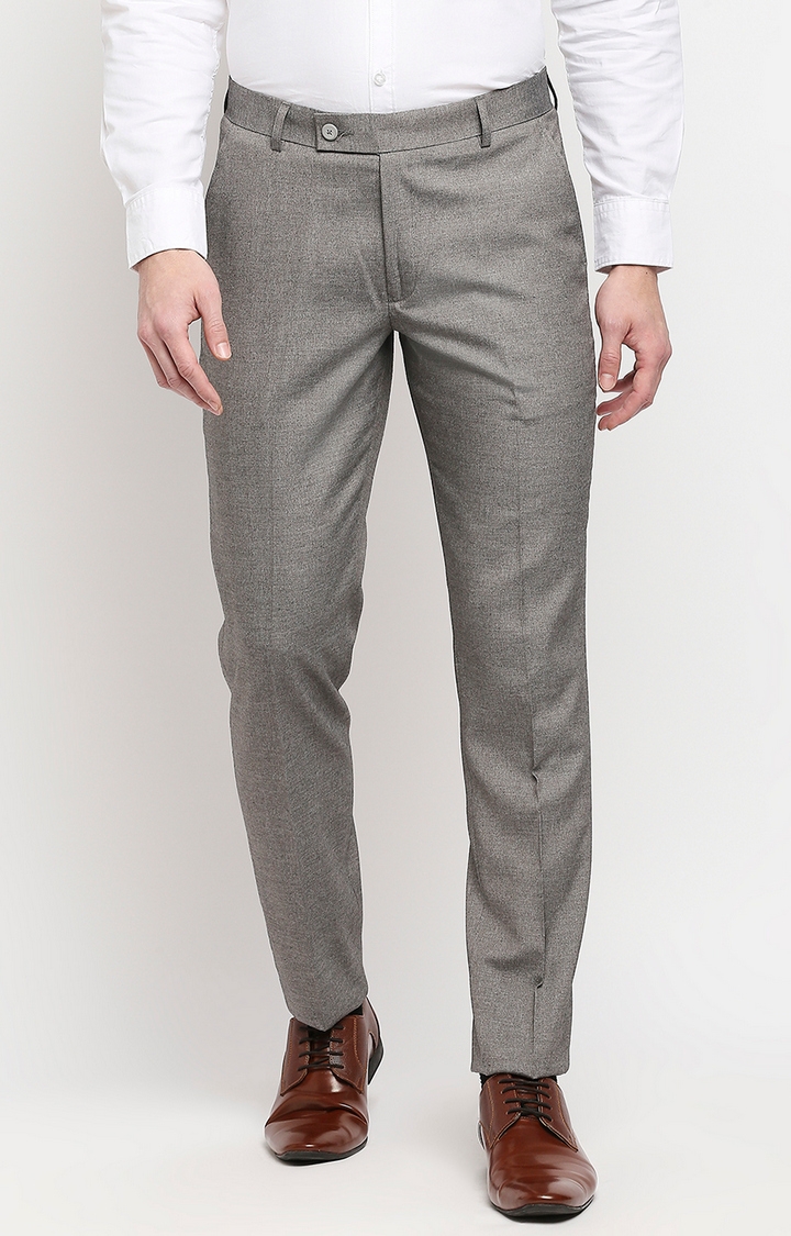 Men's Grey Polyester Solid Formal Trousers